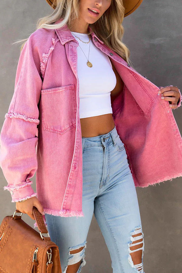 Oversized Denim Jacket with Fringe Detail Women
