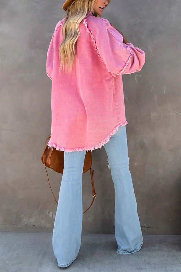 Oversized Denim Jacket with Fringe Detail Women