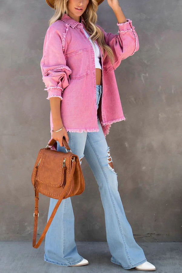 Oversized Denim Jacket with Fringe Detail Women