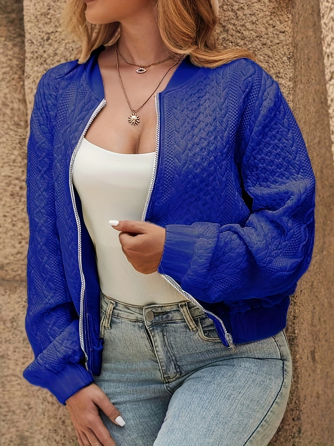 Womens Oversized Jacquard Bomber Jacket Cropped