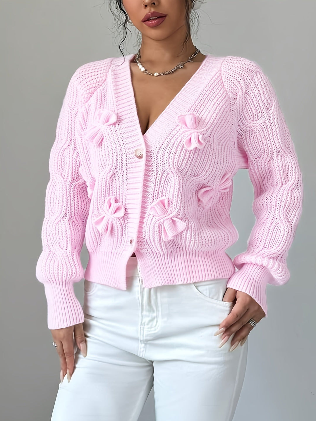 Women Cable Knit Bow Detail Cardigan Long Sleeve