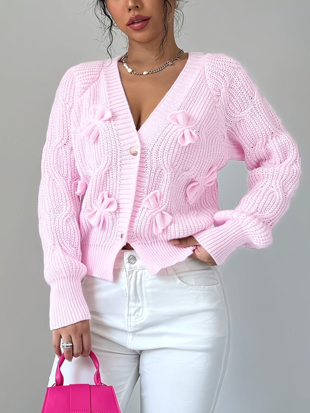 Women Cable Knit Bow Detail Cardigan Long Sleeve