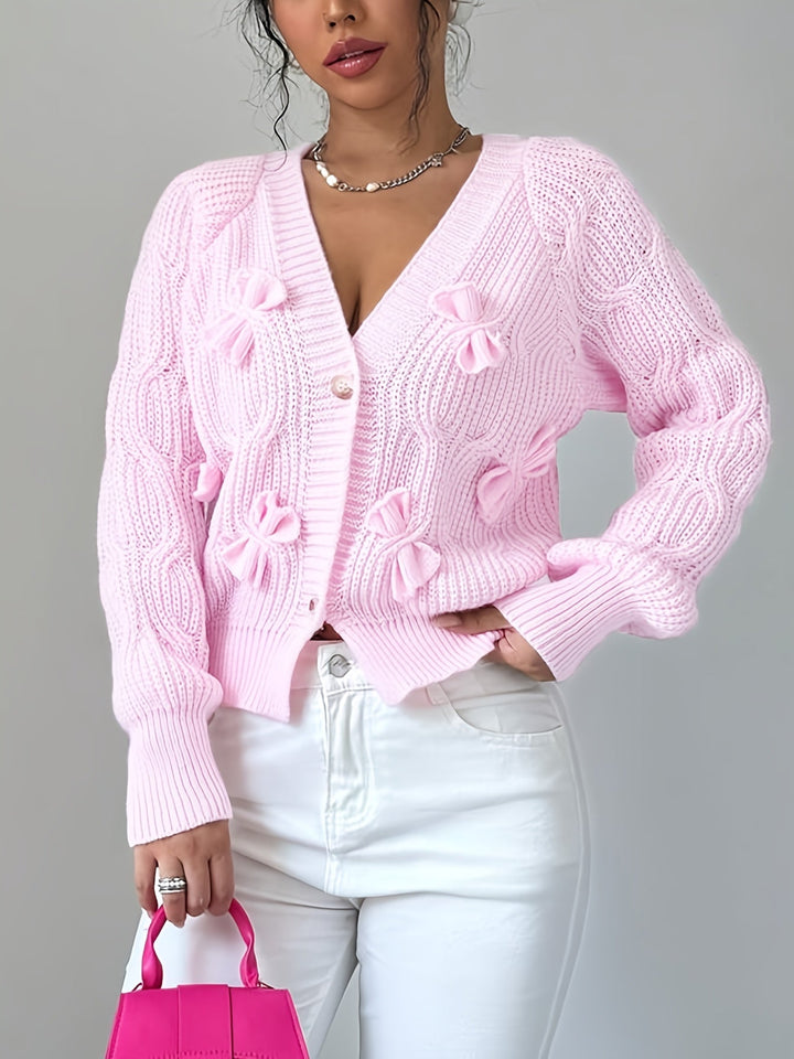 Women Cable Knit Bow Detail Cardigan Long Sleeve