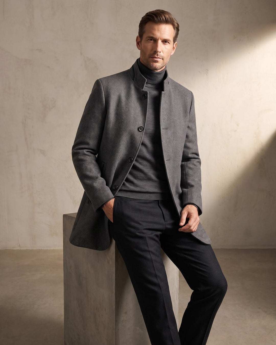 Mens Wool Blend Coat Stand Collar Tailored Fit