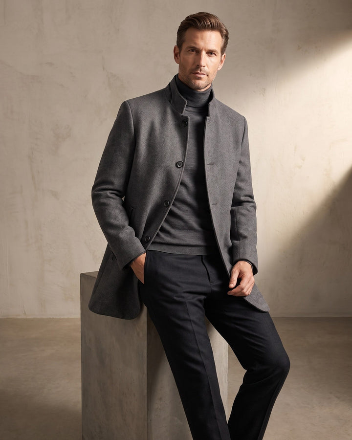 Mens Wool Blend Coat Stand Collar Tailored Fit