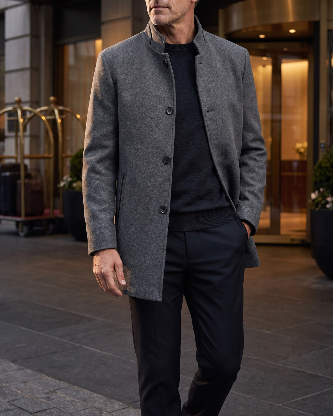 Mens Wool Blend Coat Stand Collar Tailored Fit