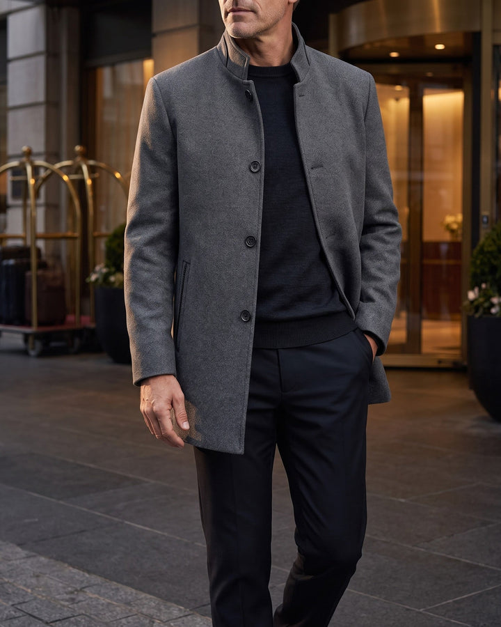 Mens Wool Blend Coat Stand Collar Tailored Fit