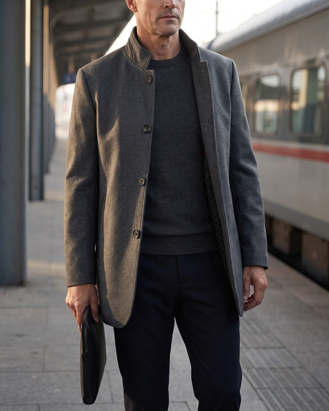 Mens Wool Blend Coat Stand Collar Tailored Fit