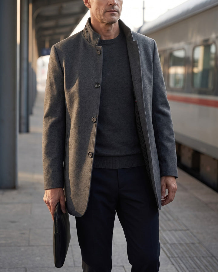 Mens Wool Blend Coat Stand Collar Tailored Fit
