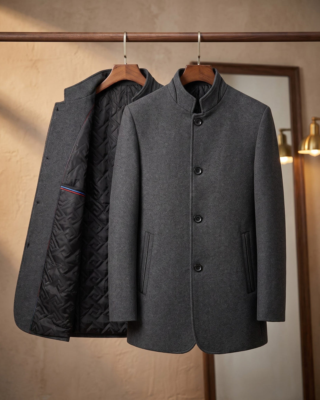 Mens Wool Blend Coat Stand Collar Tailored Fit