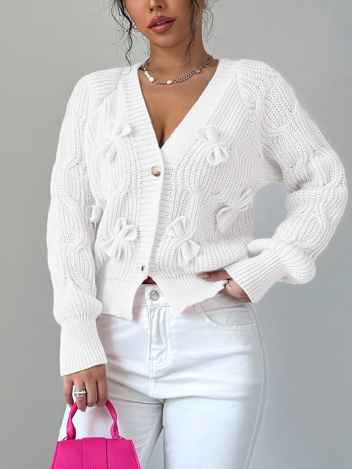 Women Cable Knit Bow Detail Cardigan Long Sleeve