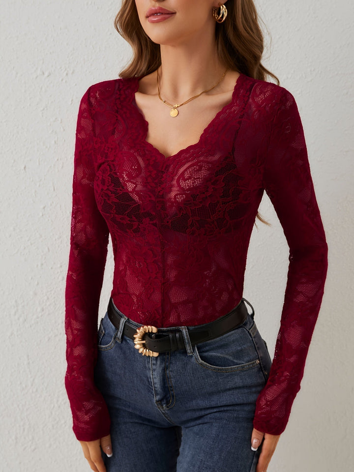 Womens Long Sleeve Lace Blouse with Sheer Details