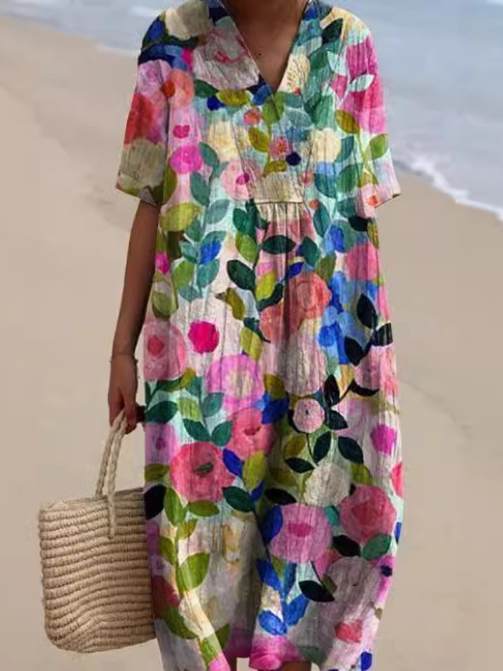 Floral Midi Dress Short Sleeve Relaxed Fit Women