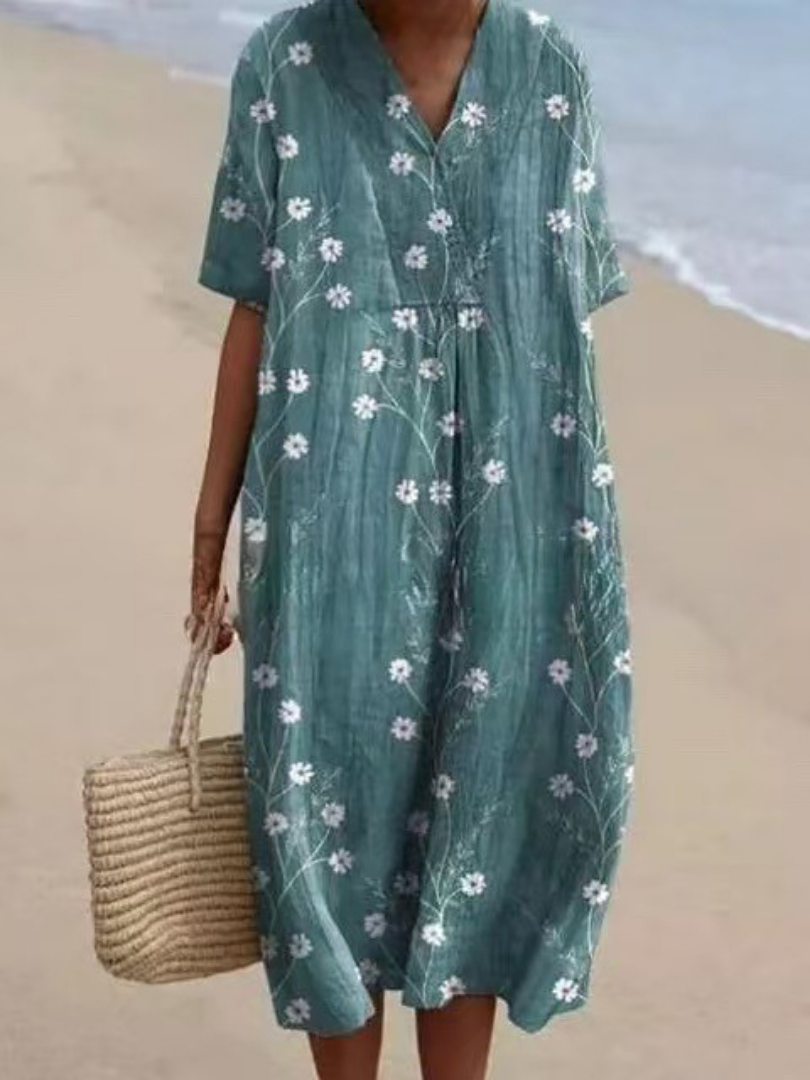Floral Midi Dress Short Sleeve Relaxed Fit Women