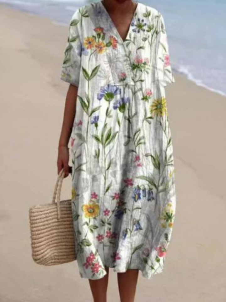 Floral Midi Dress Short Sleeve Relaxed Fit Women