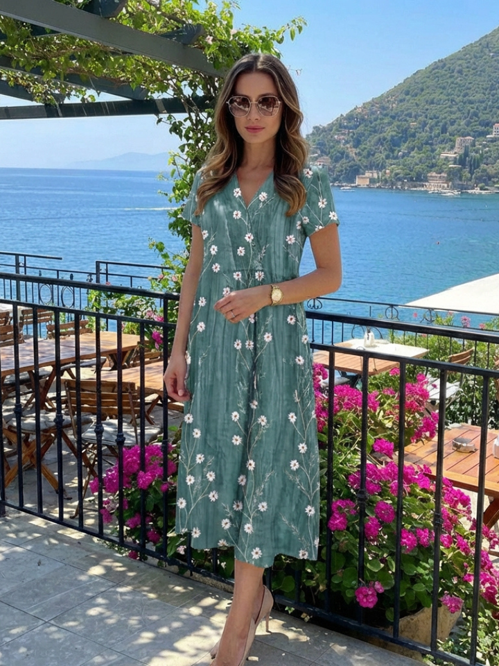 Floral Midi Dress Short Sleeve Relaxed Fit Women