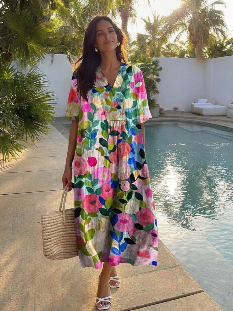 Floral Midi Dress Short Sleeve Relaxed Fit Women