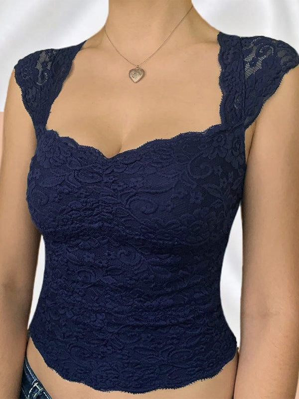 Vintage Lace Short Sleeve Top Dark Blue Women