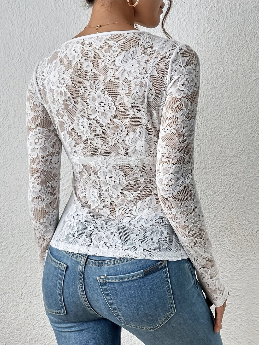 Womens Long Sleeve Lace Blouse with Sheer Details