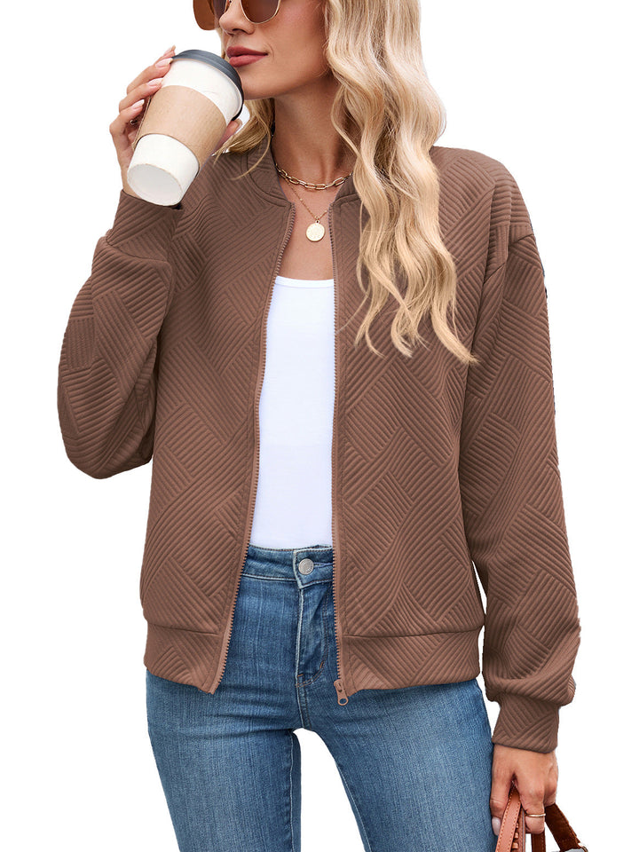 Textured Stretch Bomber Jacket Women Geometric Rayon