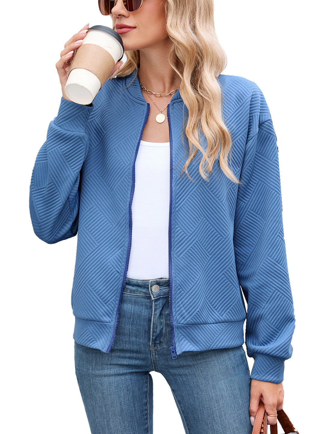 Textured Stretch Bomber Jacket Women Geometric Rayon