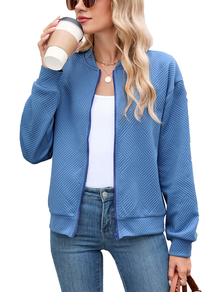 Textured Stretch Bomber Jacket Women Geometric Rayon