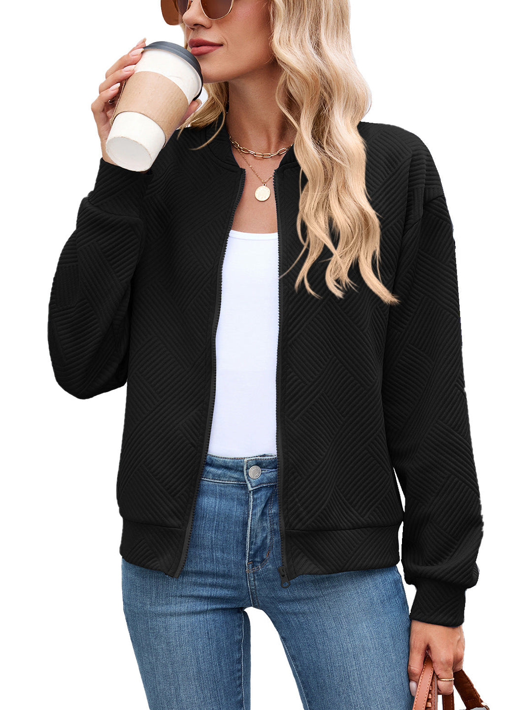 Textured Stretch Bomber Jacket Women Geometric Rayon
