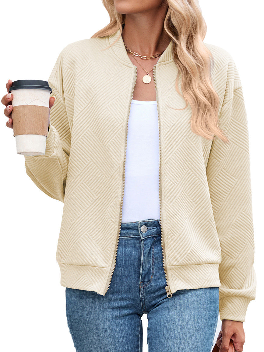 Textured Stretch Bomber Jacket Women Geometric Rayon