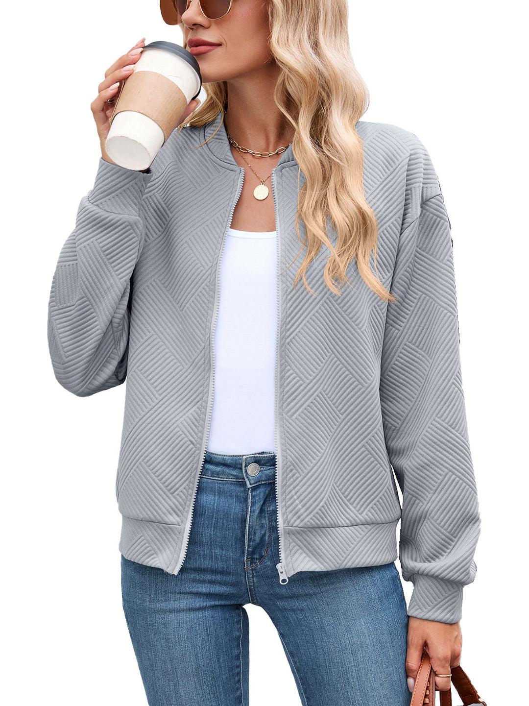 Textured Stretch Bomber Jacket Women Geometric Rayon