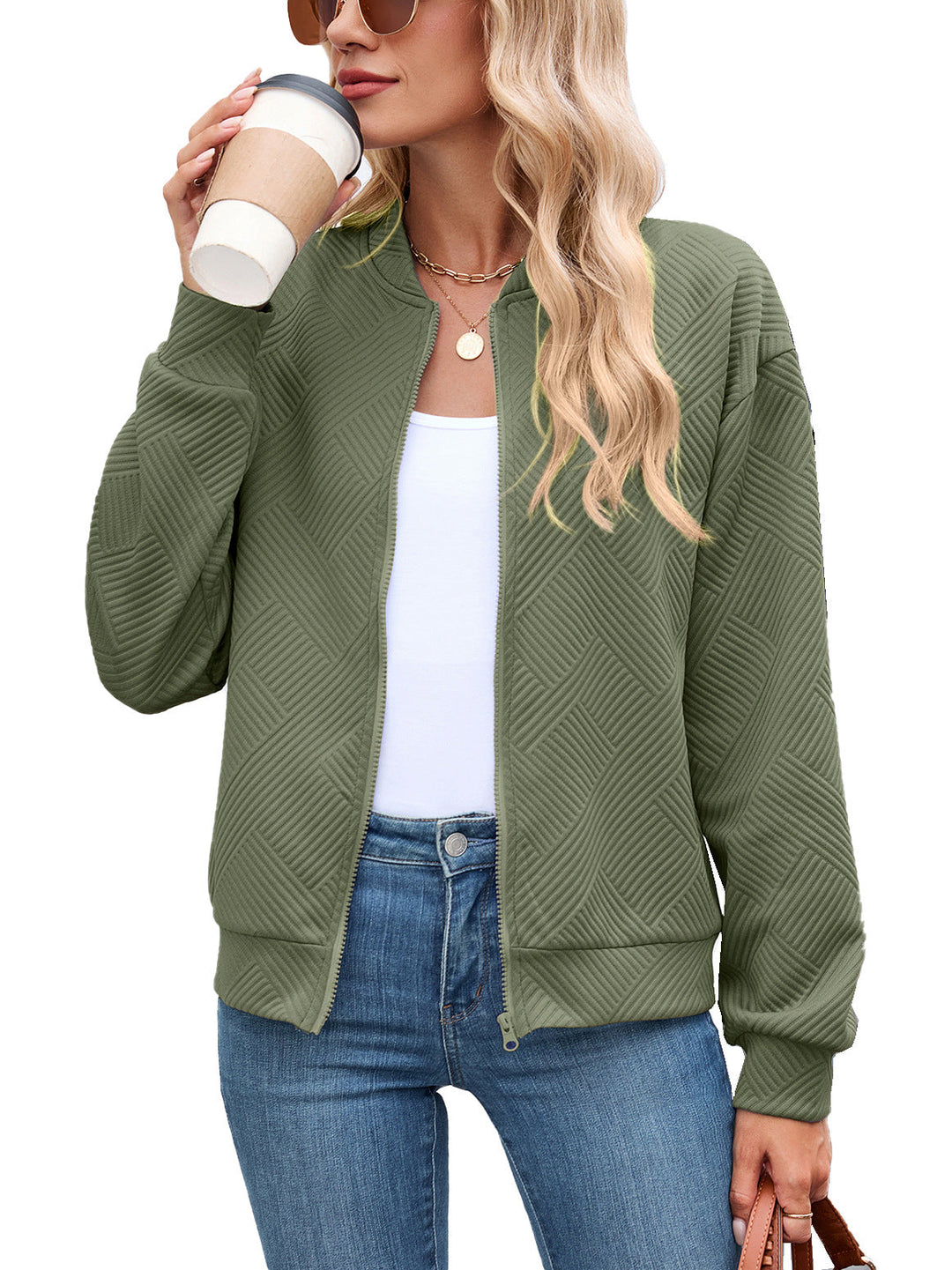 Textured Stretch Bomber Jacket Women Geometric Rayon