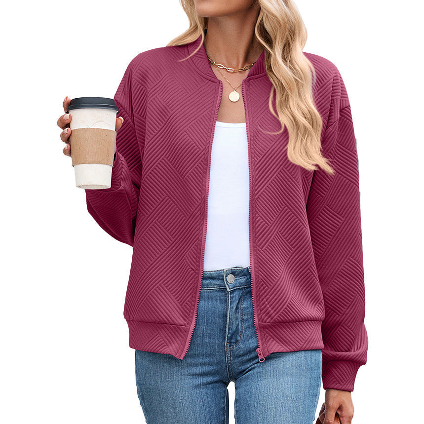 Textured Stretch Bomber Jacket Women Geometric Rayon