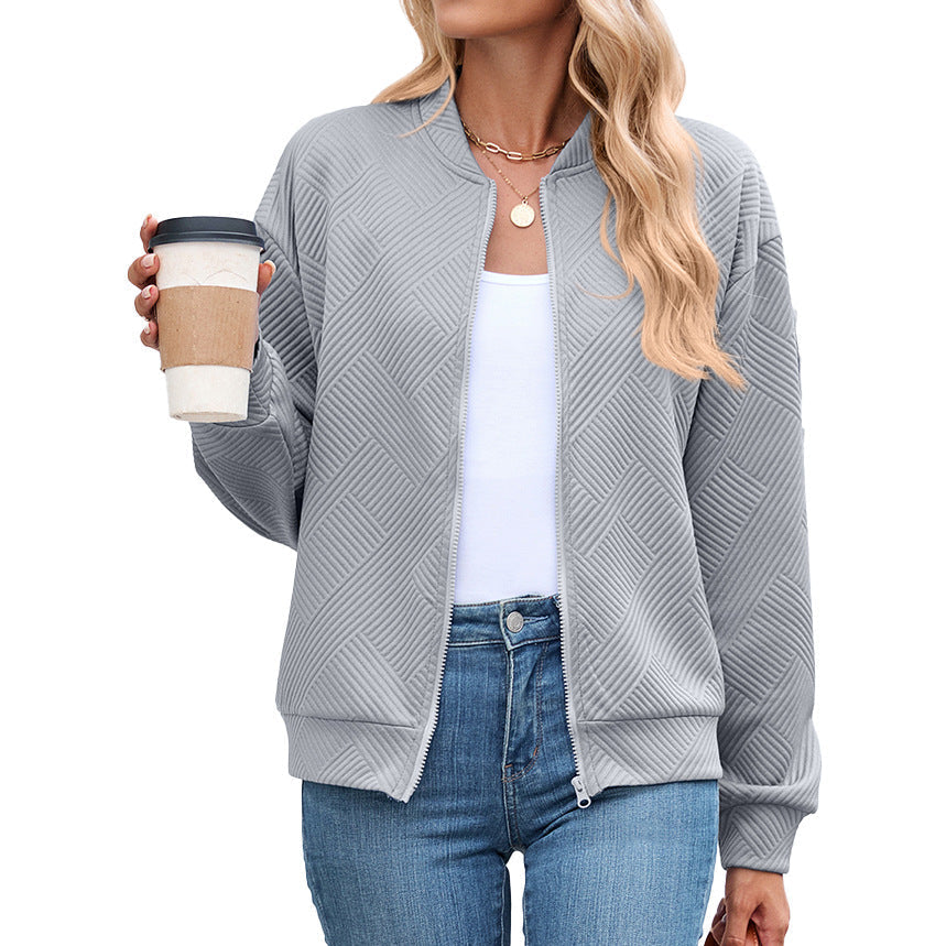 Textured Stretch Bomber Jacket Women Geometric Rayon