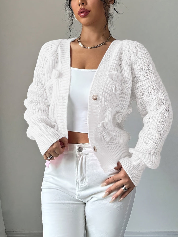 Women Cable Knit Bow Detail Cardigan Long Sleeve