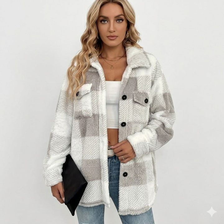 Women Sherpa Checkered Shirt Jacket Oversized