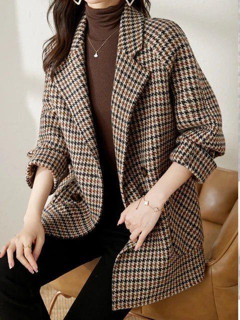 Womens Wool Effect Houndstooth Oversized Blazer Coat