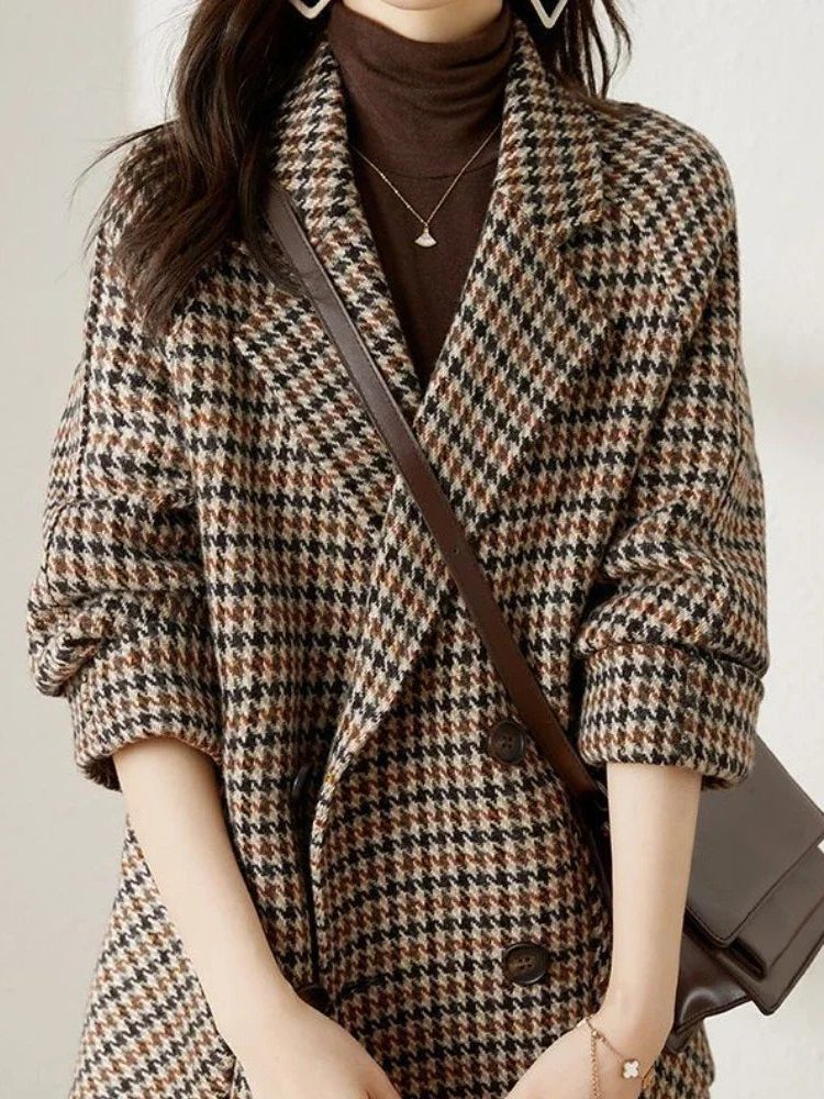 Womens Wool Effect Houndstooth Oversized Blazer Coat