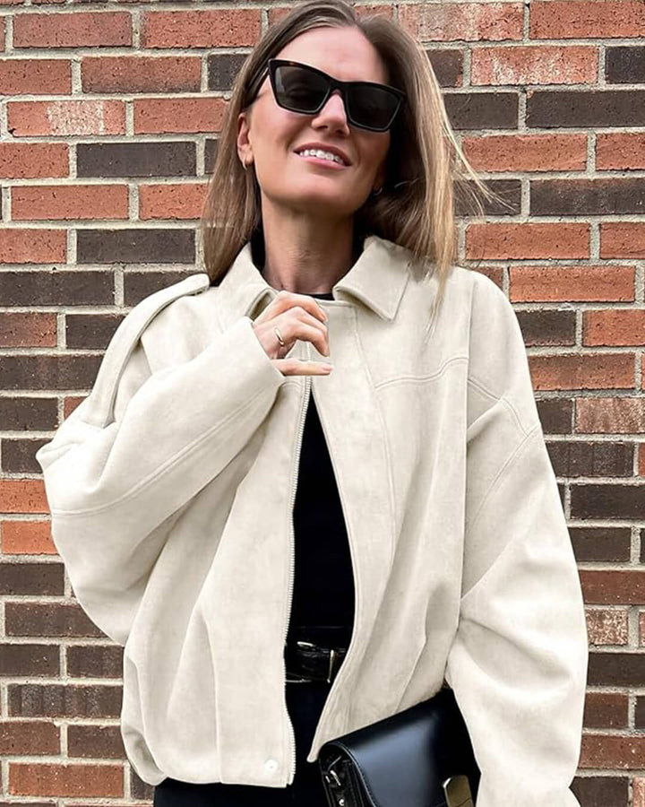 Faux Suede Collared Bomber Jacket Women