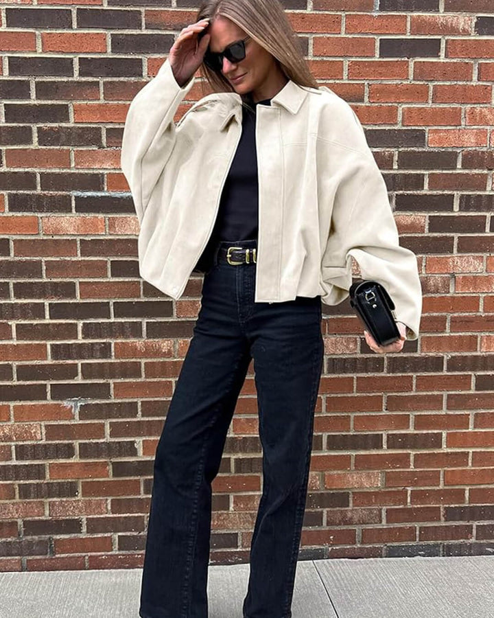 Faux Suede Collared Bomber Jacket Women