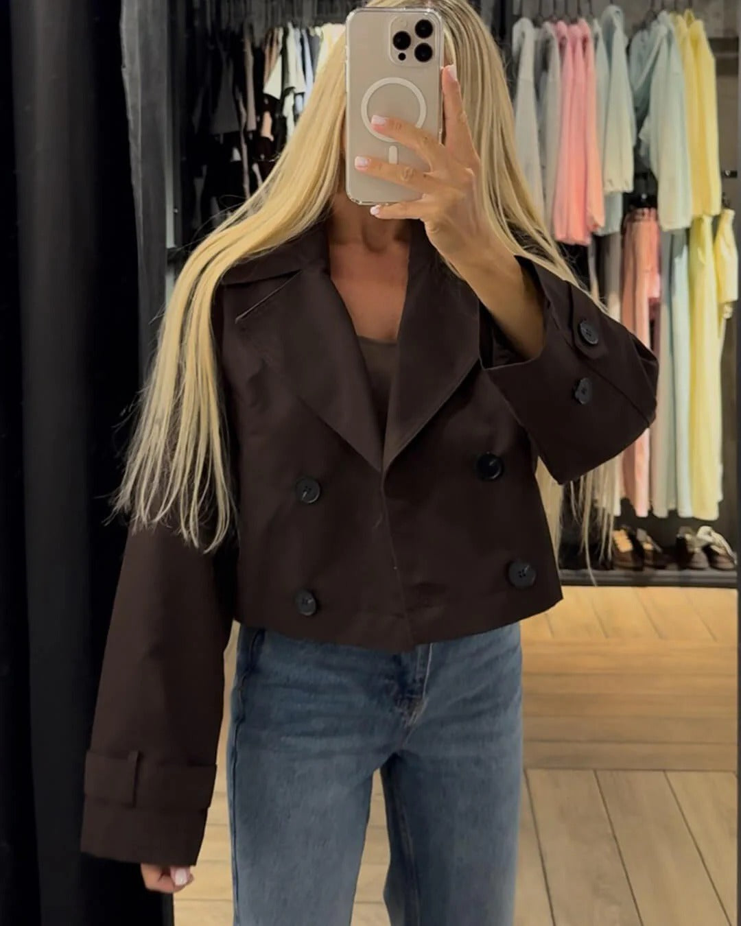 Women Short Double Breasted Trench Coat Structured