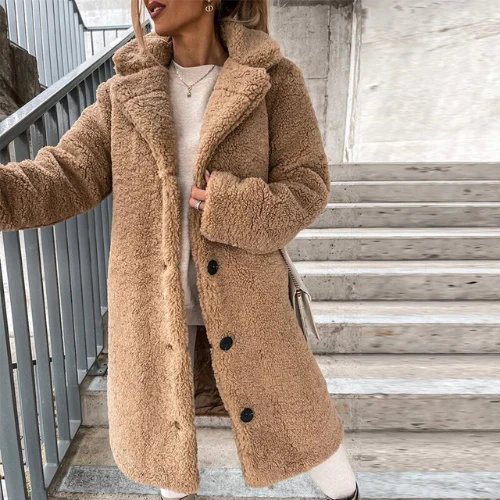 Womens Longline Teddy Bear Coat Notched Collar
