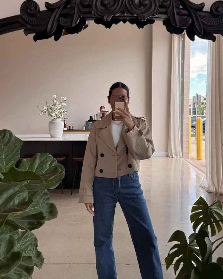 Women Short Double Breasted Trench Coat Structured