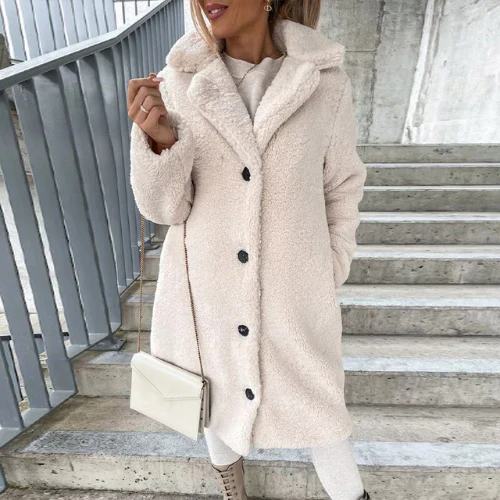 Womens Longline Teddy Bear Coat Notched Collar