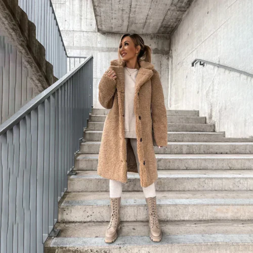 Womens Longline Teddy Bear Coat Notched Collar
