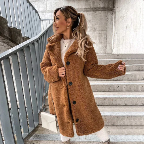 Womens Longline Teddy Bear Coat Notched Collar