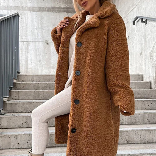 Womens Longline Teddy Bear Coat Notched Collar