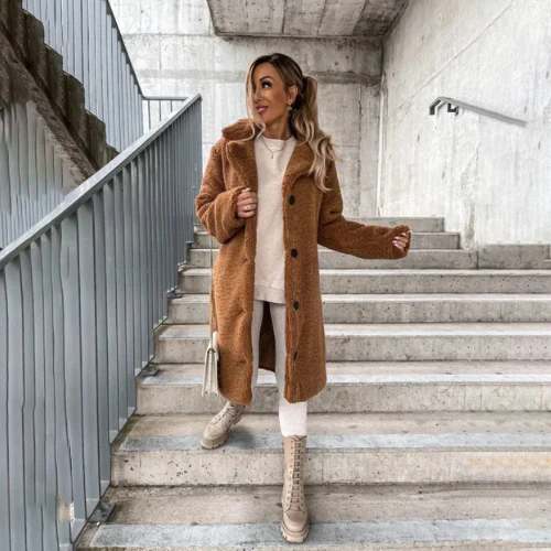 Womens Longline Teddy Bear Coat Notched Collar