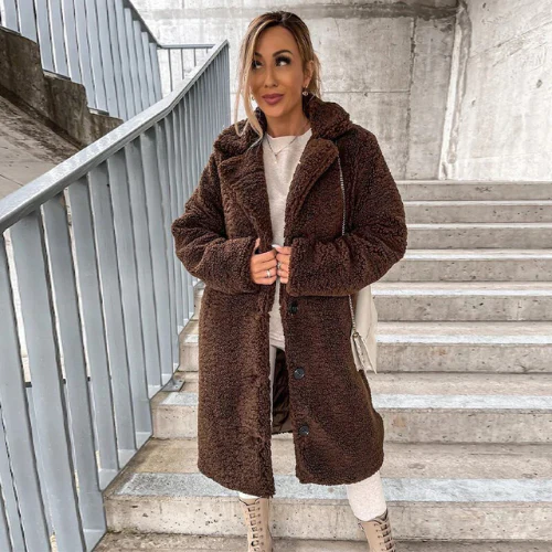 Womens Longline Teddy Bear Coat Notched Collar