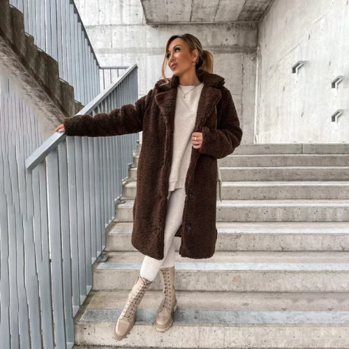 Womens Longline Teddy Bear Coat Notched Collar