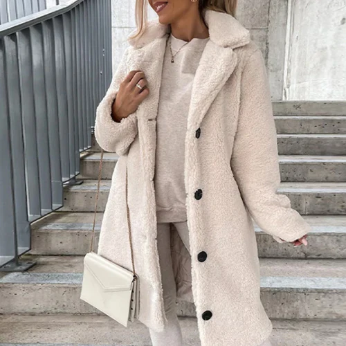 Womens Longline Teddy Bear Coat Notched Collar