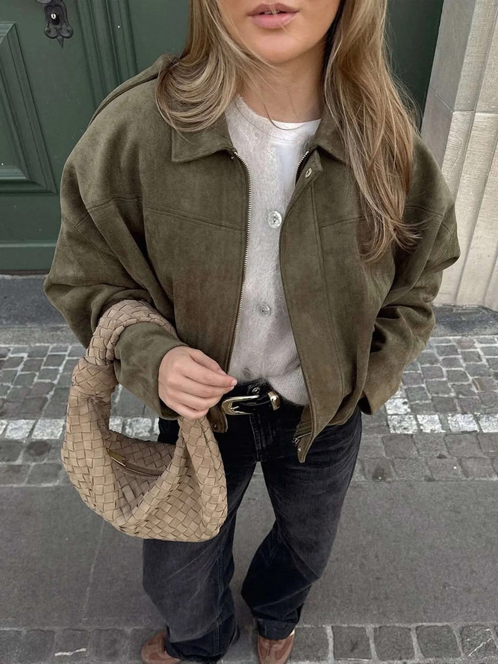 Faux Suede Collared Bomber Jacket Women
